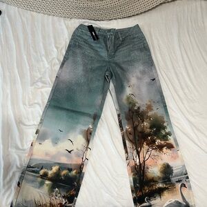 Fashion Nova Scenic Print Flare Jeans - Multicolor